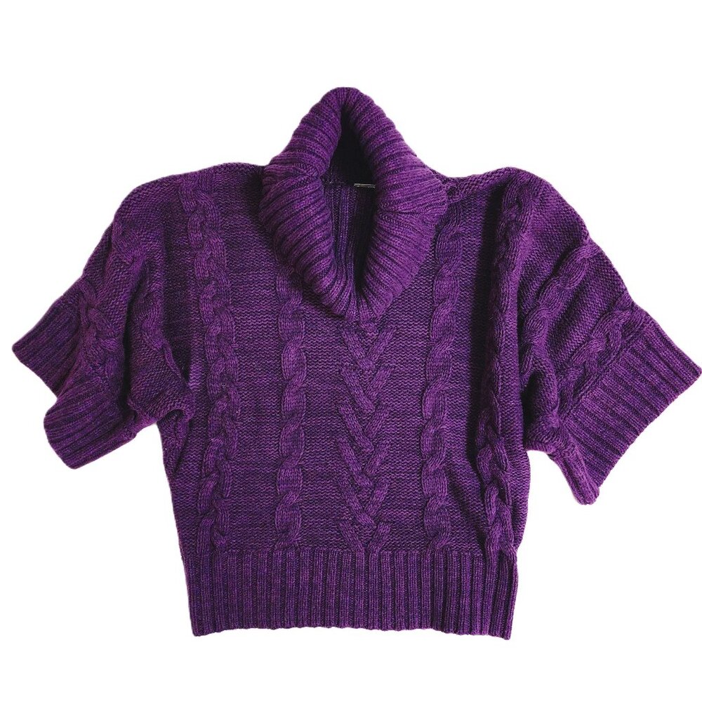 Jillian Nicole Women Purple CableKnit CowlNeck Winged Short Sleeve Sweater Sz SP